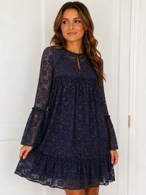 Michael Kors Navy Floral Lace Bell Sleeve Dress | Size Small
